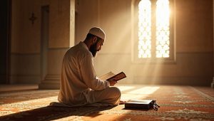 pngtree man reading quran in a peaceful mosque with sunlight image 17115880