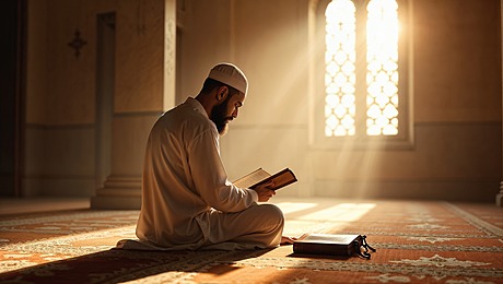 pngtree man reading quran in a peaceful mosque with sunlight image 17115880
